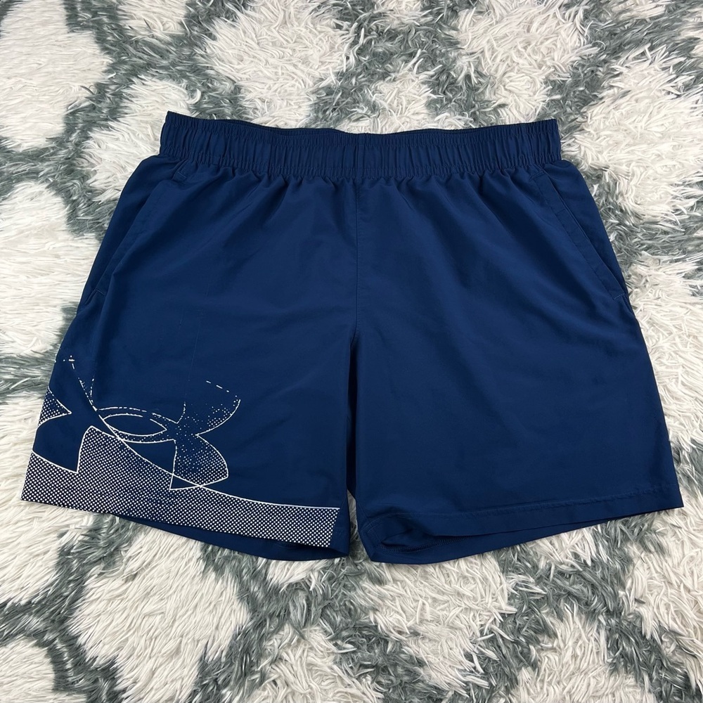 Under Armour Men’s Navy Blue Logo Athletic Shorts Loose Fit Size XXL